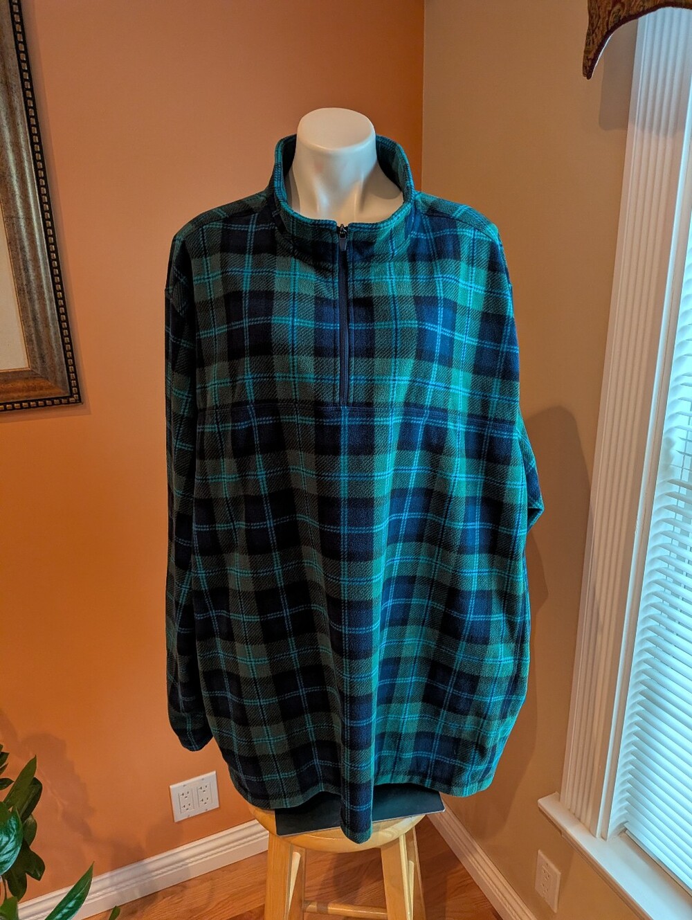 Lands' End Man’s Teal and Black Plaid Half-Zip Shirt Jacket 4XL